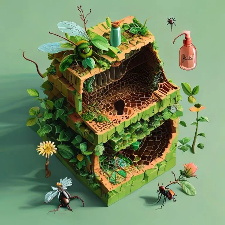 Illustration depicting a bumblebee hive under various environmental threats, including pesticides and habitat loss