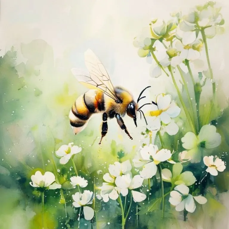 Watercolor painting of a bumblebee on a clover, symbolizing natural beauty and ecological balance
