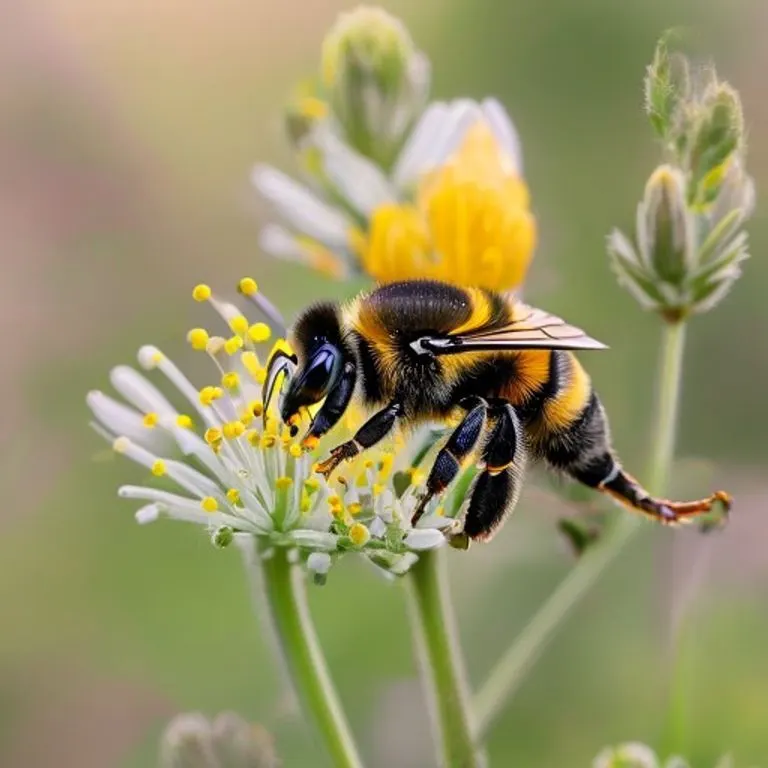 A close-up of a bumblebee demonstrating buzz pollination on an alfalfa flower, a critical process for seed production.