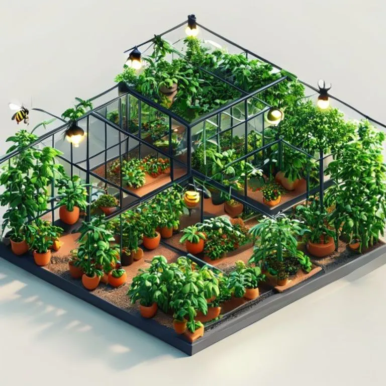 An isometric 3D render showcasing a modern greenhouse environment, with bumblebee hives facilitating commercial tomato pollination.