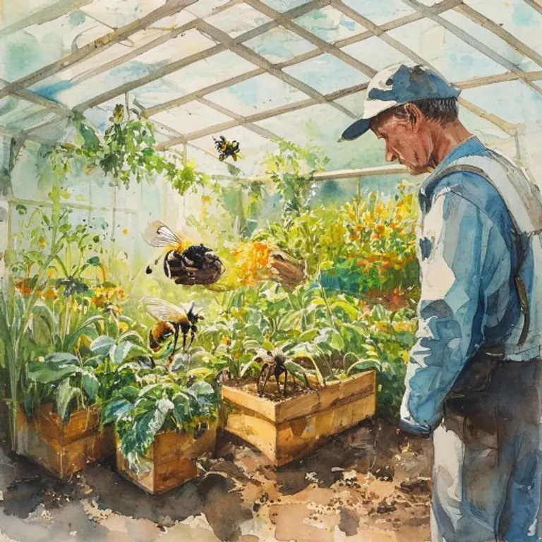 A farmer observing bumblebees actively pollinating tomato plants inside a modern greenhouse, symbolizing the direct economic investment and benefits of bumblebee services in agriculture.
