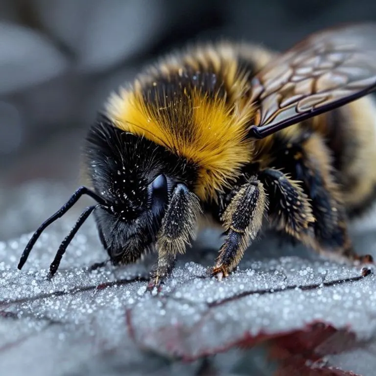 Macro photograph showcasing the dense, insulating hairs covering a bumblebee's thorax, highlighting its adaptation for cold environments.
