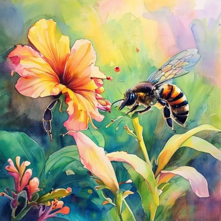 Watercolor painting depicting a bumblebee actively pollinating a vibrant flower in a colorful subtropical garden, illustrating its presence in warmer climates.