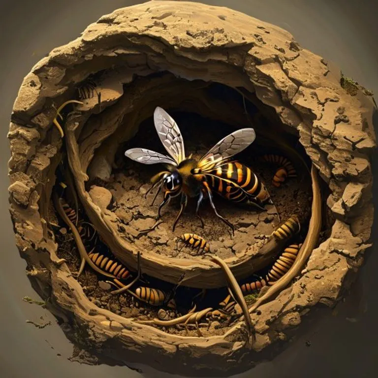 An intricate digital illustration revealing the hidden structure of a bumblebee nest, bustling with life beneath the earth.
