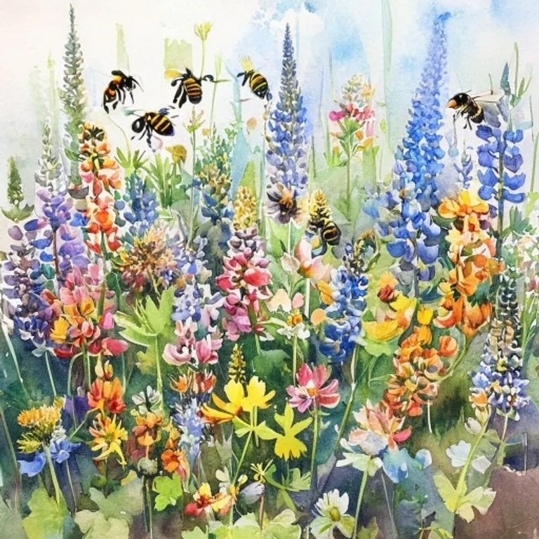 A vibrant watercolor scene captures the essential relationship between bumblebees and a rich tapestry of flowering plants.
