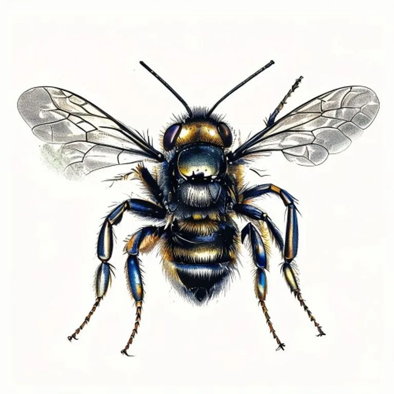 Precise scientific illustration of a bumblebee's head, detailing its sensory organs and specialized mouthparts crucial for foraging.