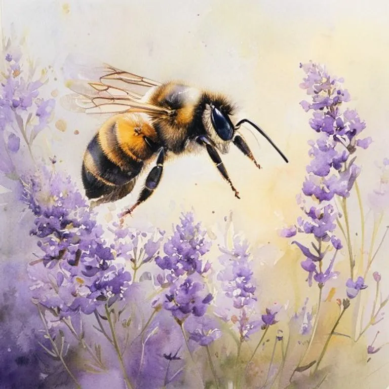 Watercolor painting depicting a bumblebee in mid-flight, with visible pollen sacs on its legs, symbolizing its role in pollen transport and ecological impact.