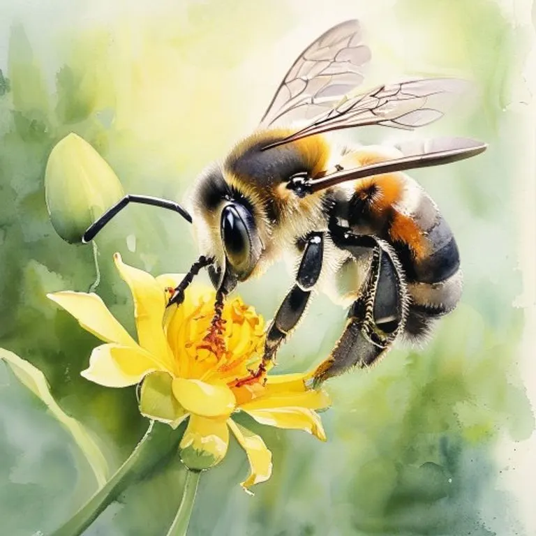 Macro photograph of a bumblebee with its proboscis extended, collecting nectar from a vibrant flower, illustrating foraging behavior.
