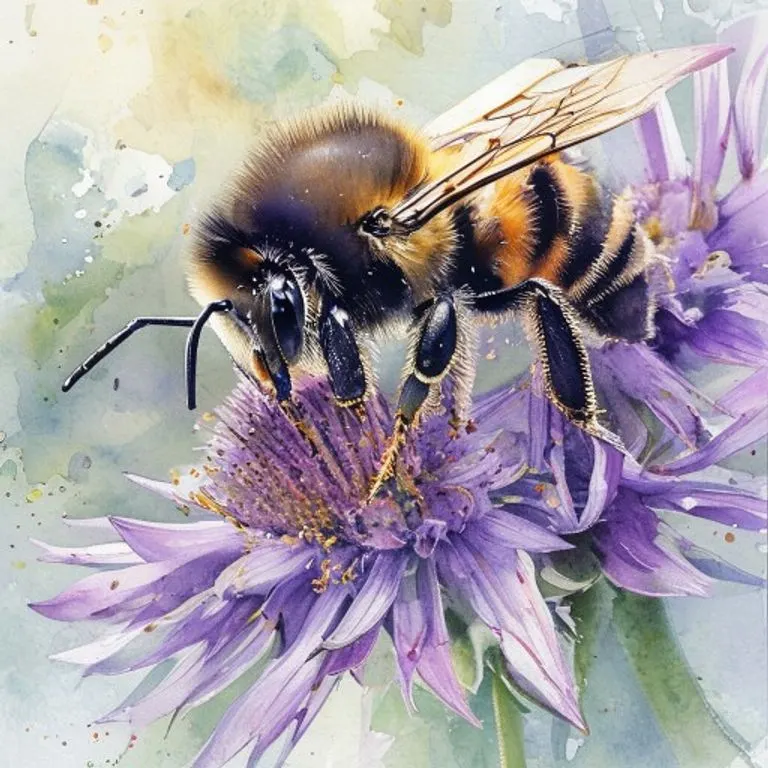 A close-up shot of a bumblebee meticulously gathering nectar from a purple thistle flower, its proboscis extended deep into the blossom.