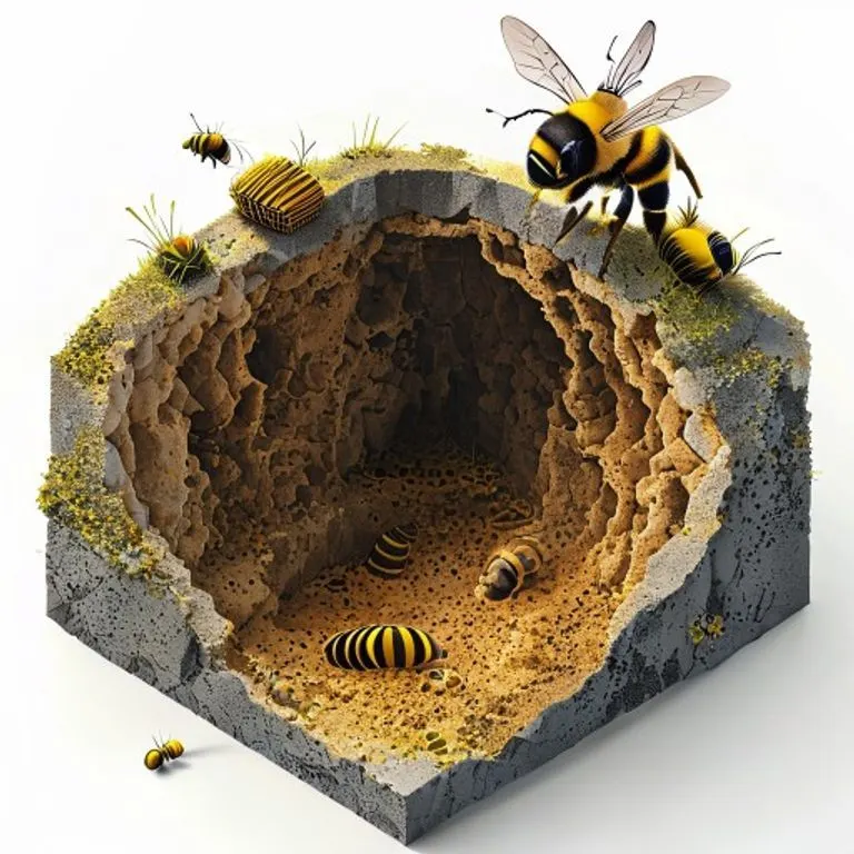 An intricate cross-section illustration of an underground bumblebee nest, revealing the queen, worker bees, brood cells with larvae, and stored pollen and nectar.
