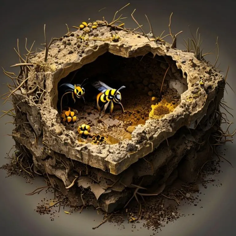 An intricate isometric 3D digital illustration revealing the internal structure of a bumblebee nest, showcasing its unique, irregular wax cells for brood and food storage, surrounded by insulating natural materials like moss and grass.