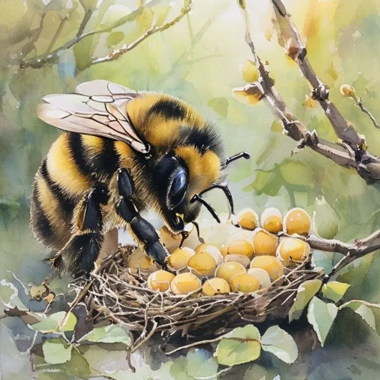 A delicate watercolor illustration of a queen bumblebee tending to her first brood of eggs and larvae within a small, insulated nest chamber, surrounded by soft natural fibers.