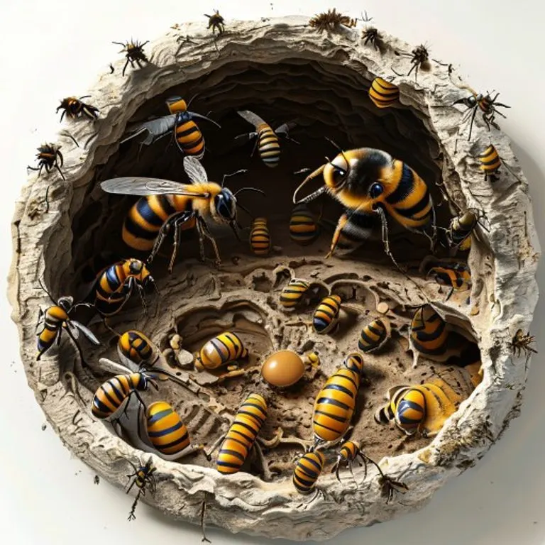 An intricate cross-section illustration of a bumblebee nest, showing the queen laying eggs, workers tending to larvae, and various wax cells for honey and pollen storage.