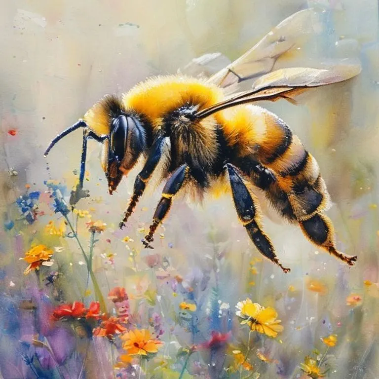 A vibrant watercolor painting depicting a bumblebee in flight, actively pollinating a colorful wildflower, highlighting its crucial ecological role.