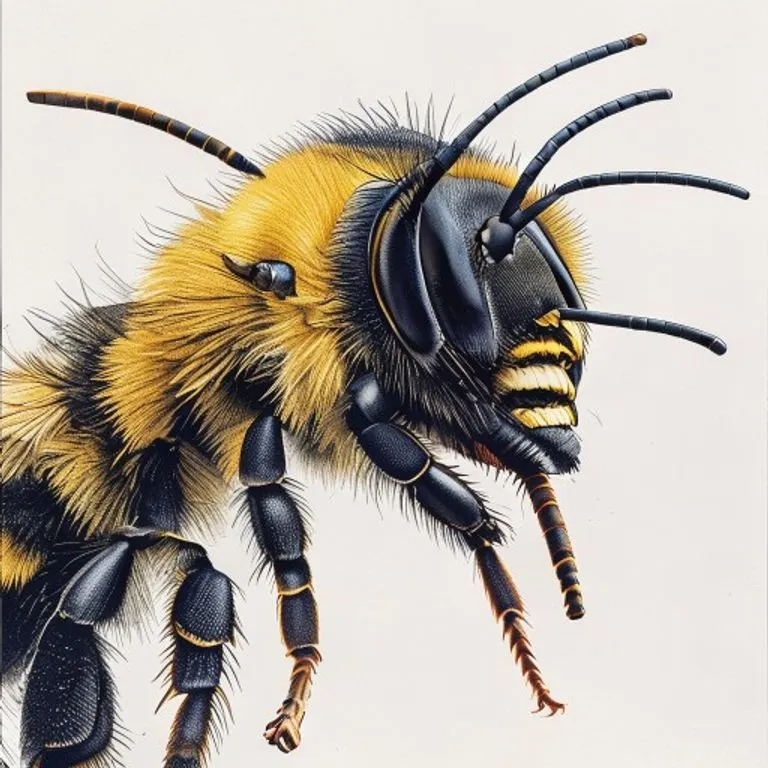 Detailed scientific illustration of a bumblebee's head, focusing on the intricate proboscis and sensory organs like antennae and compound eyes.