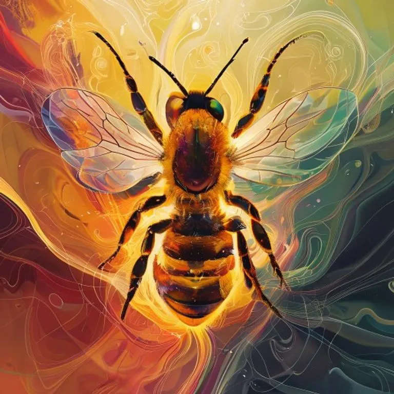 Conceptual artwork depicting a bumblebee's internal thermoregulation mechanisms, showing heat generation in the thorax and insulation by dense fur.