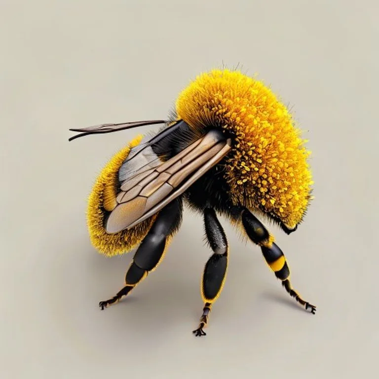 A detailed macro view of a bumblebee's corbicula, or pollen basket, on its hind leg, showcasing its efficiency in pollen collection.
