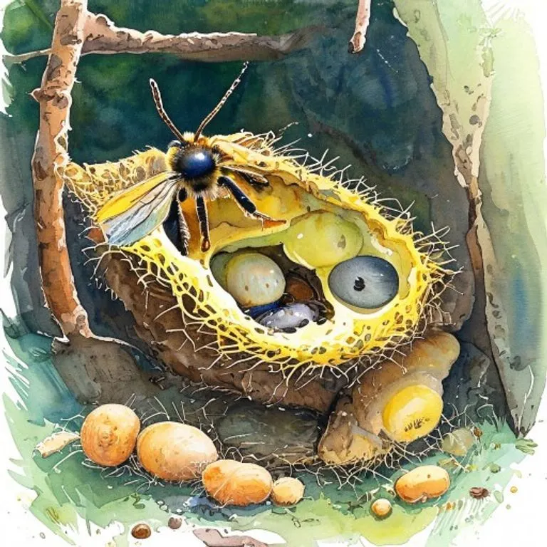An artistic representation of the intricate internal structure and life within a bumblebee nest, showing larvae and stored resources.