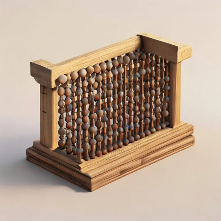 A 3D isometric render of an ancient counting board made of wood, featuring movable beads on metal rods, set against a backdrop of ancient texts.