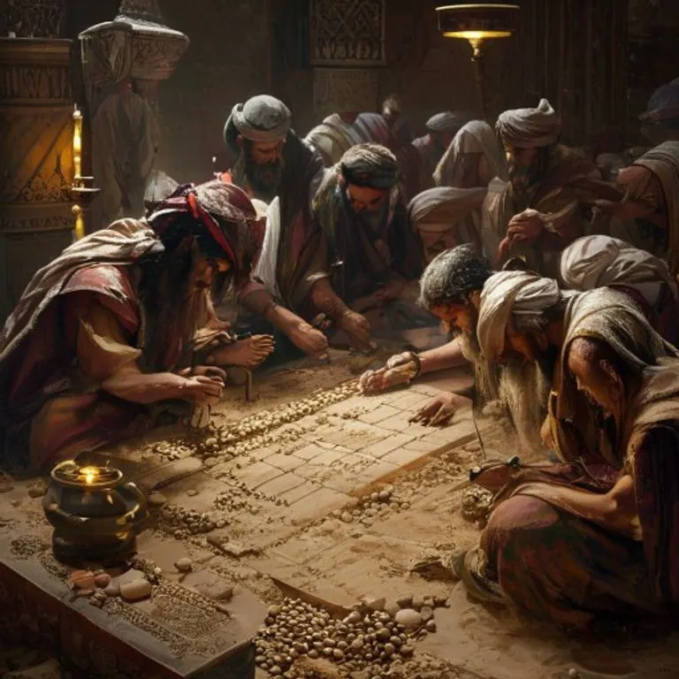Ilustración conceptual de un ábaco de arena, mostrando líneas dibujadas en la arena y guijarros utilizados para el cálculo en la antigüedad persa.