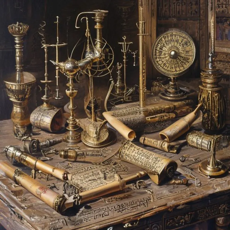 Varios instrumentos matemáticos y de medición antiguos persas, incluyendo astrolabios y tablas de cálculo, dispuestos sobre una mesa de madera. Representa el avance científico de la época.