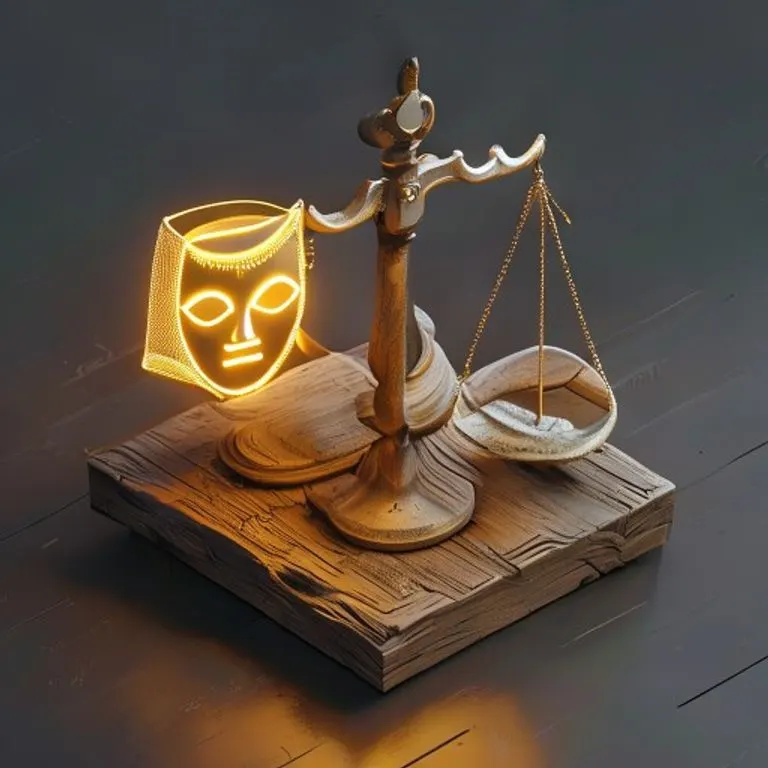 Una balanza antigua con una máscara teatral en un platillo y un corazón brillante en el otro, simbolizando el equilibrio entre la imagen pública y la autenticidad personal.