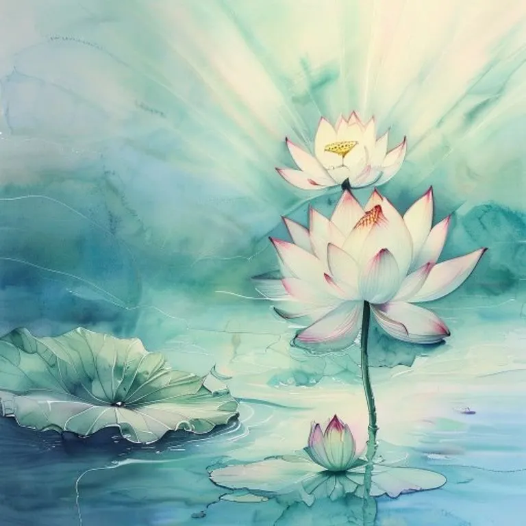 Pintura acuarela de una flor de loto flotando serenamente en agua, con reflejos sutiles, simbolizando la pureza, la iluminación y el equilibrio espiritual.