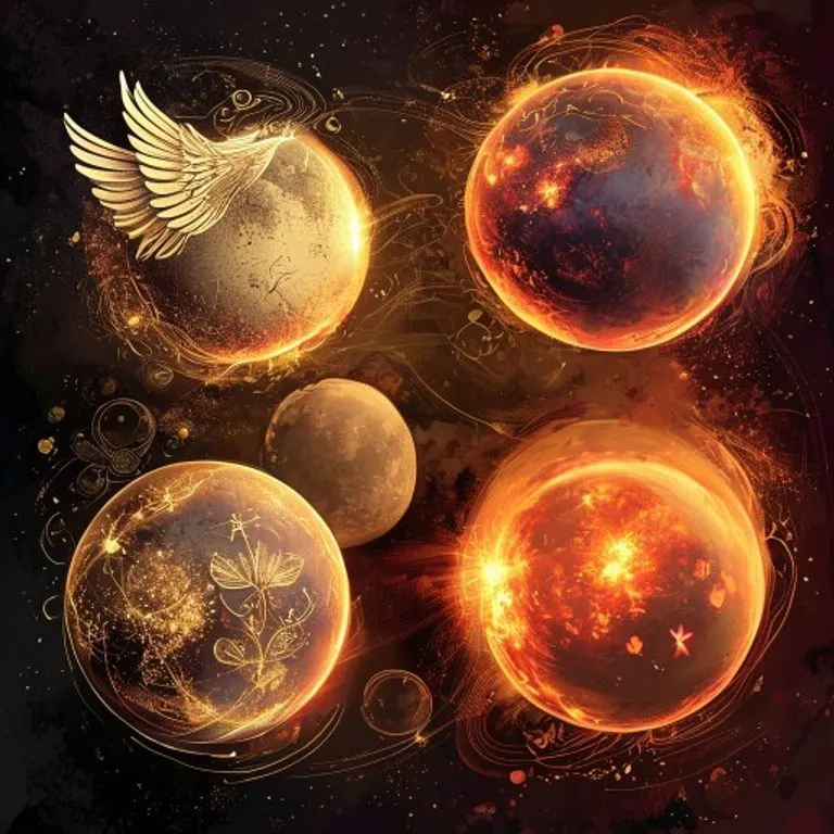 Representaciones simbólicas de Mercurio, Venus y Marte como esferas con atributos astrológicos, en un estilo de arte conceptual.
