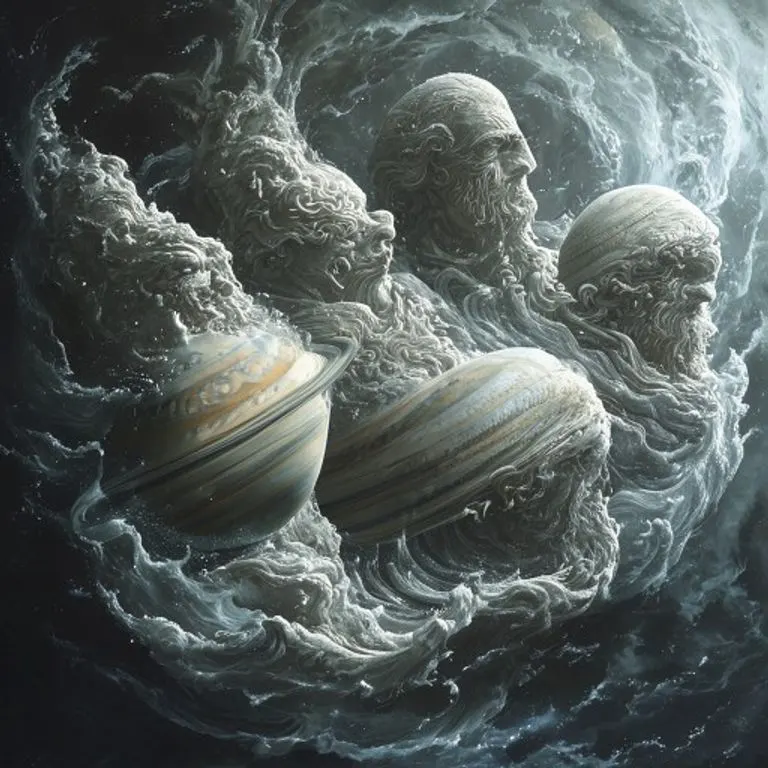 Arquetipos de Júpiter, Saturno, Urano, Neptuno y Plutón representados como figuras etéreas y símbolos cósmicos, en un estilo de arte conceptual.