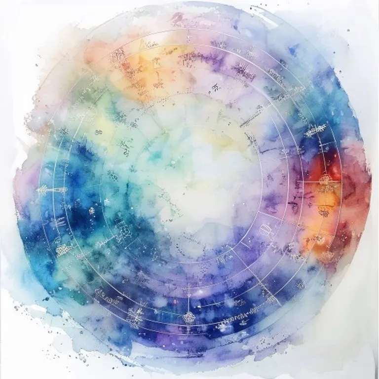 Pintura acuarela que representa las influencias celestiales en la carta natal, con colores suaves y etéreos que simbolizan la conexión entre el cosmos y el individuo.