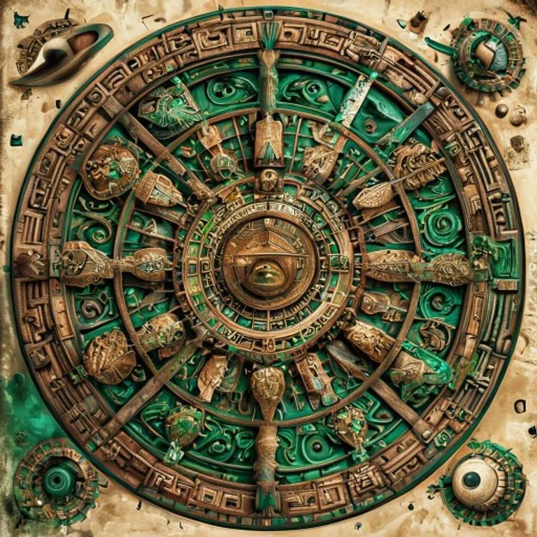Ilustración detallada de un calendario maya, mostrando jeroglíficos y ciclos astronómicos, con un fondo de ruinas mayas bajo un cielo estrellado.