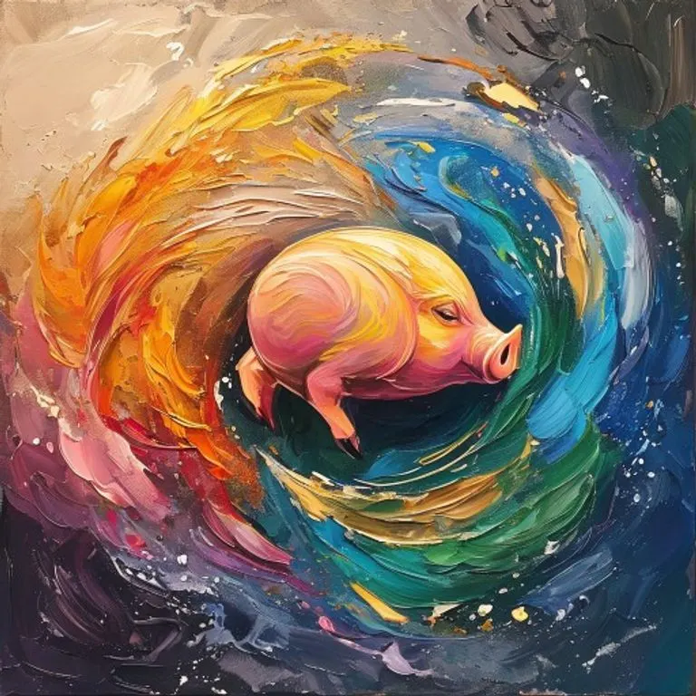 Una representación artística de los cinco elementos chinos (Madera, Fuego, Tierra, Metal, Agua) interactuando en un círculo armonioso, con un sutil reflejo de un cerdo.