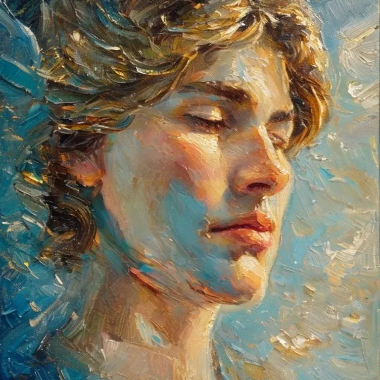 Rostro de un ángel contemplativo con luz divina, simbolizando la serenidad y sabiduría que San Miguel ofrece a los fieles.