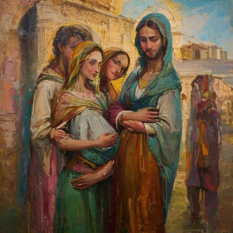 Pintura al óleo de la Visitación, mostrando a María embarazada abrazando a Santa Isabel, también embarazada, con un fondo de paisaje rural y cálida luz.