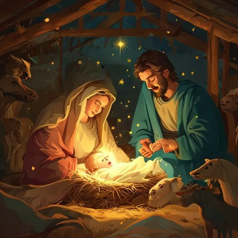 Arte conceptual de la Natividad, con Jesús en un pesebre rústico, María y José arrodillados, rodeados de animales y una estrella brillante en el cielo nocturno.
