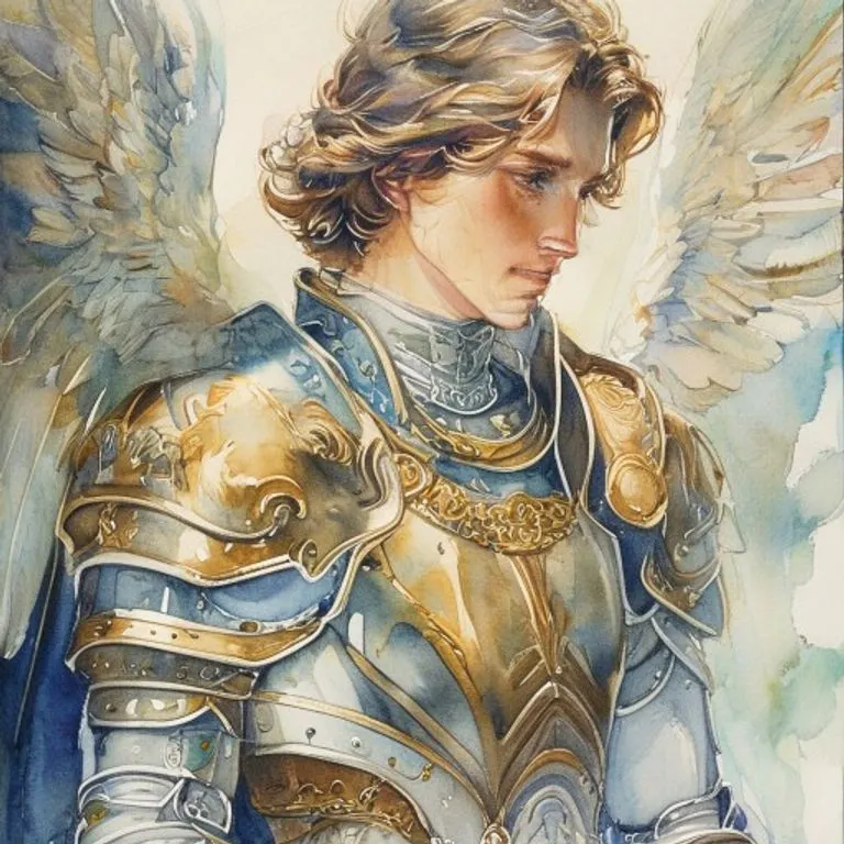 Pintura al óleo de un ángel con armadura y espada, en una postura de defensa, con un fondo etéreo de nubes y luz. Representa la fortaleza espiritual y la vigilancia.