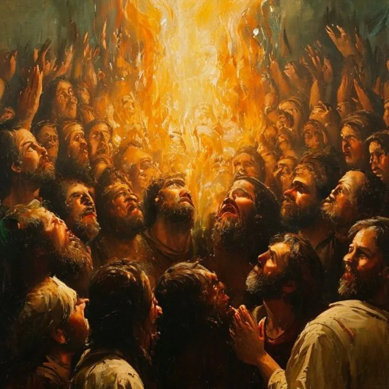 Pintura al óleo de la efusión del Espíritu Santo en Pentecostés, con lenguas de fuego sobre los apóstoles y la Virgen María, simbolizando el nacimiento de la Iglesia.