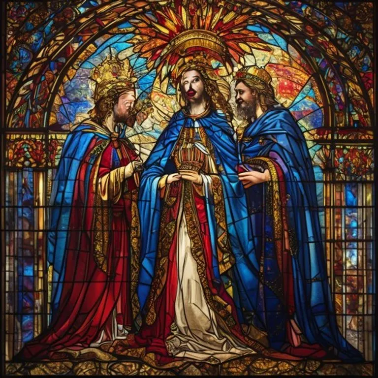 Vitral religioso de la Coronación de la Virgen María por la Santísima Trinidad, con detalles celestiales y luminosos que transmiten su realeza y gloria divina.