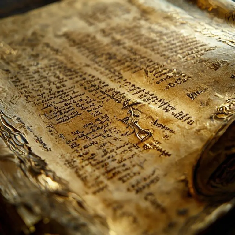 Manuscrito antiguo con caligrafía elaborada y detalles ornamentados, sobre un escritorio de madera con una pluma de ave y un tintero. Estilo de fotografía vintage.