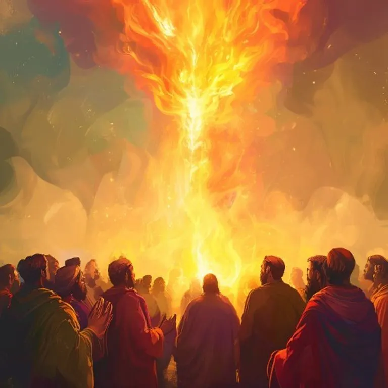 Los Apóstoles y la Virgen María en el Cenáculo, con lenguas de fuego sobre sus cabezas, recibiendo el Espíritu Santo en Pentecostés.