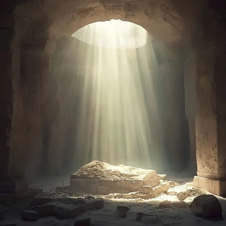 La tumba vacía de Jesús, con una luz brillante emanando de su interior, simbolizando la Resurrección y la esperanza de la vida eterna.