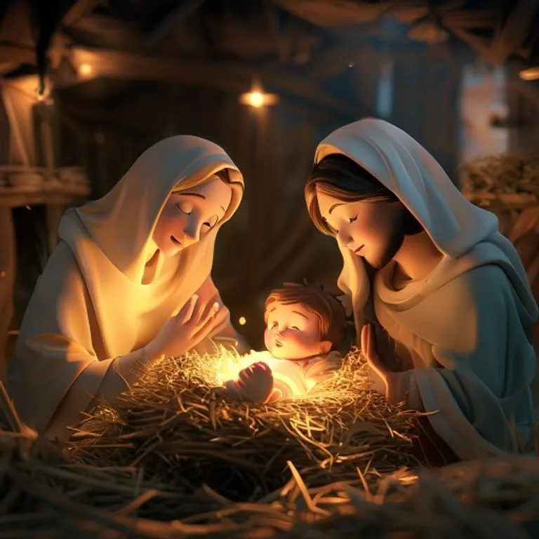 El Nacimiento de Jesús en Belén, ilustrado con una atmósfera de paz y humildad en el pesebre.