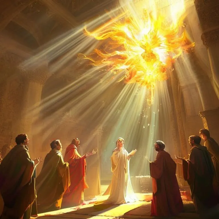 Los apóstoles y María recibiendo el Espíritu Santo en Pentecostés, representados con lenguas de fuego sobre sus cabezas.