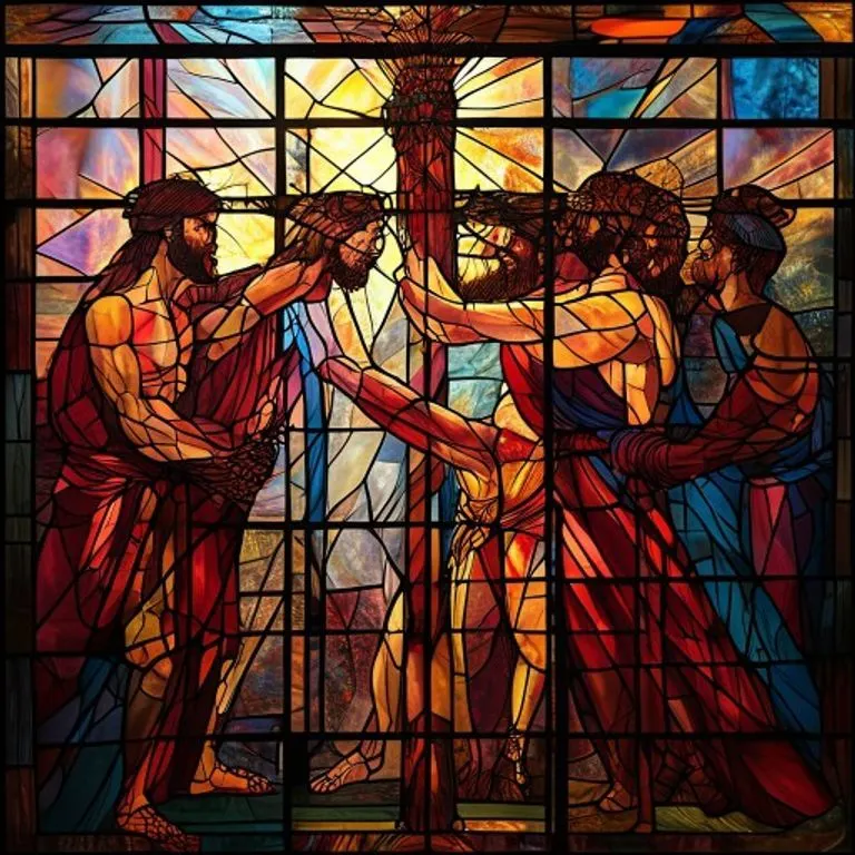 Jesús es flagelado atado a una columna por soldados romanos, con látigos que causan heridas visibles, en una escena de intenso sufrimiento y humillación.