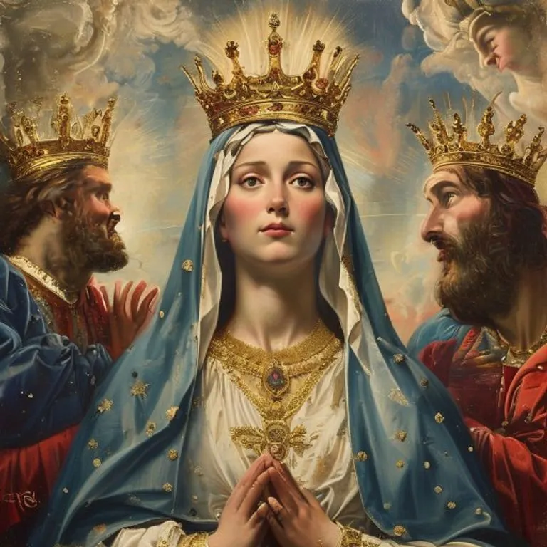 La Virgen María siendo coronada Reina del Cielo por la Santísima Trinidad, rodeada de ángeles y luz divina, en un estilo de pintura al óleo renacentista.