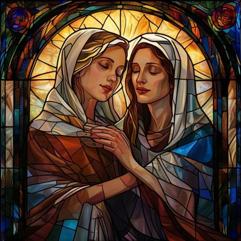 María y Santa Isabel, un momento de alegría y servicio en los Misterios Gozosos, con un estilo de ilustración digital.