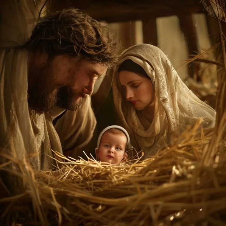 El Nacimiento de Jesús en Belén, con María, José y el Niño en un pesebre, representando la humildad divina.