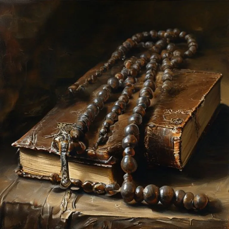 Rosario antiguo de madera y metal sobre un libro de oraciones abierto, con luz tenue que resalta su textura y simbolismo.