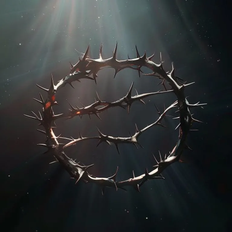 Una corona de espinas simbólica, con gotas de sangre y un fondo oscuro, representando el sacrificio y el sufrimiento.