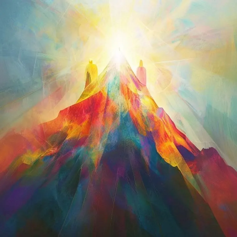 La Transfiguración de Jesús en el Monte Tabor, con su rostro resplandeciente y sus vestiduras blancas, rodeado de una luz divina, mientras Moisés y Elías aparecen a su lado.